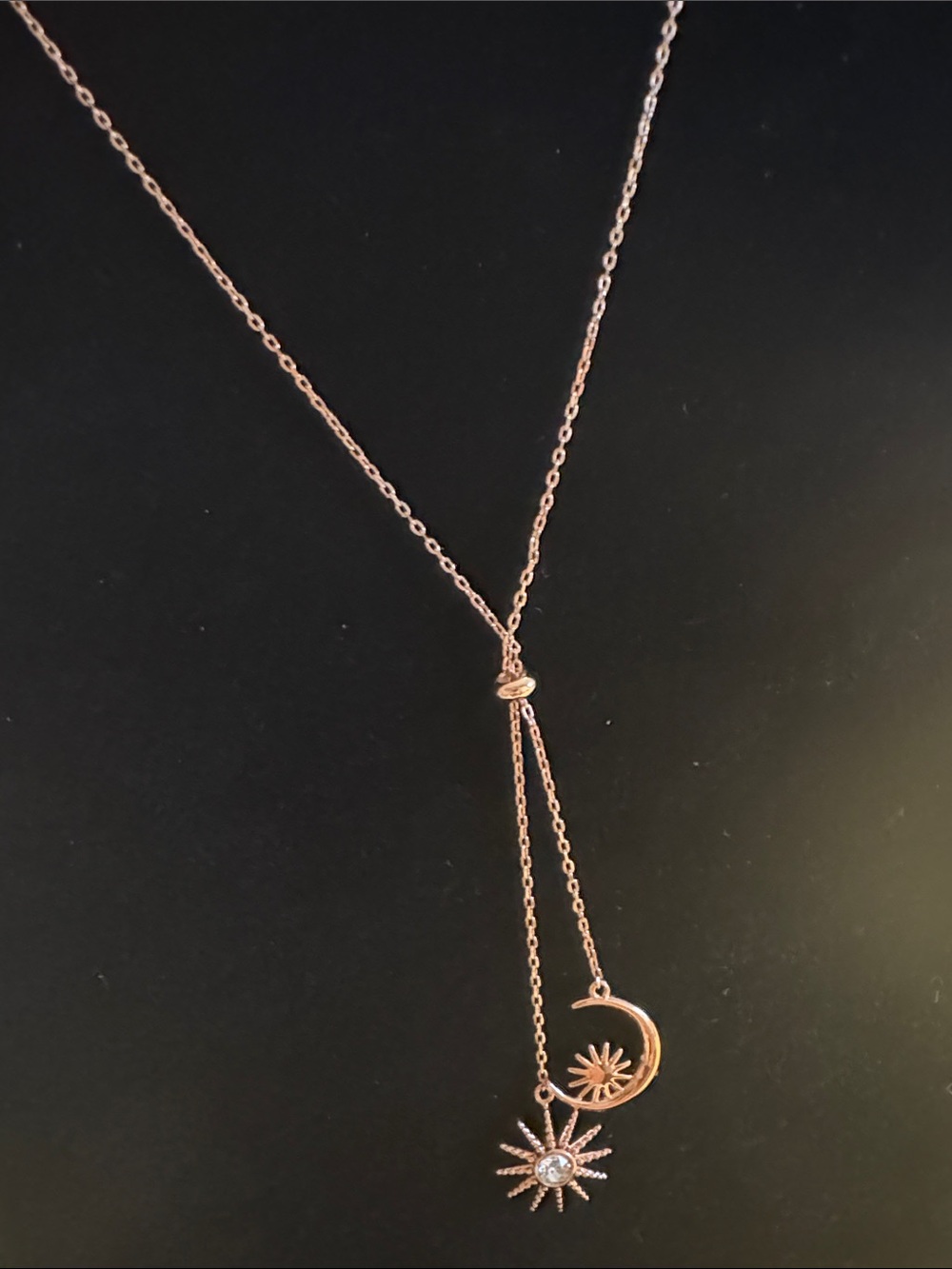 Celestial Sun & Moon Lariat Necklace Rose Gold Tone Adjustable